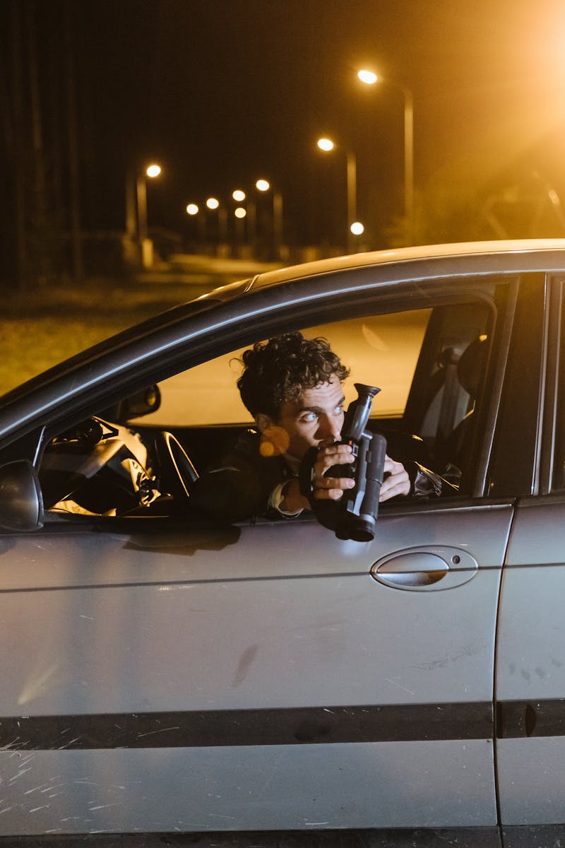 A man holding a camera leaning out of a car window during nighttime.